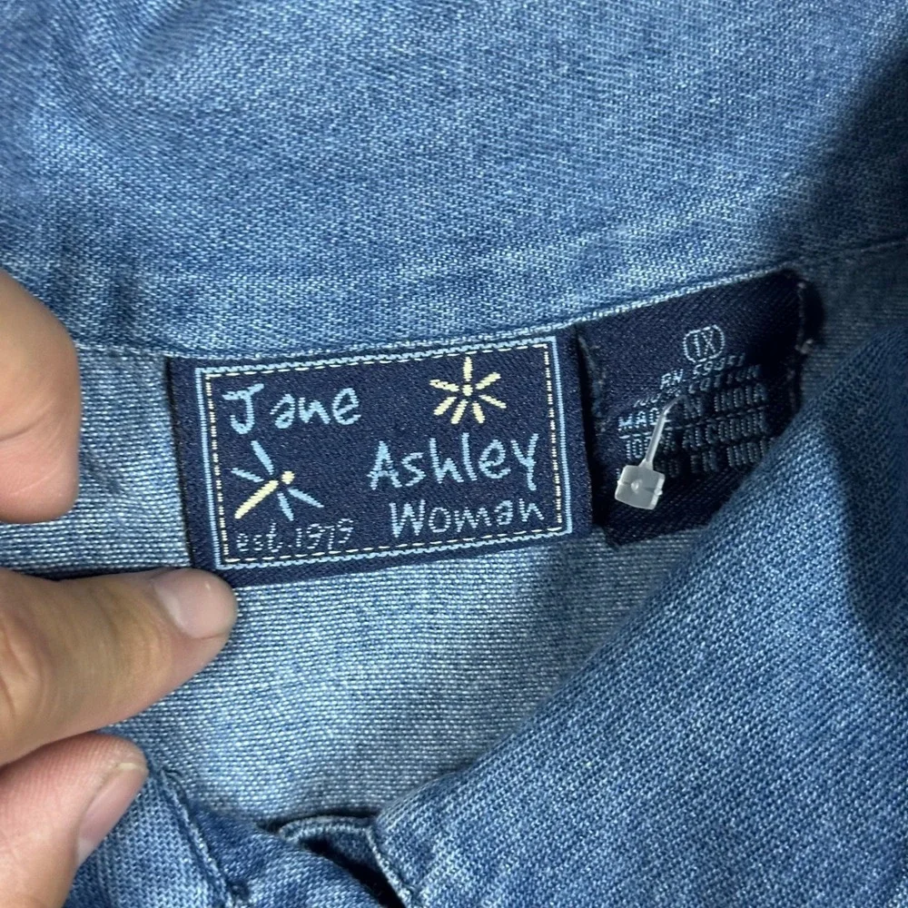 Jane Ashley 1X Blue Denim Safari Zebra Palm Tree Embroidered Cottagecore Top - Picture 8 of 11